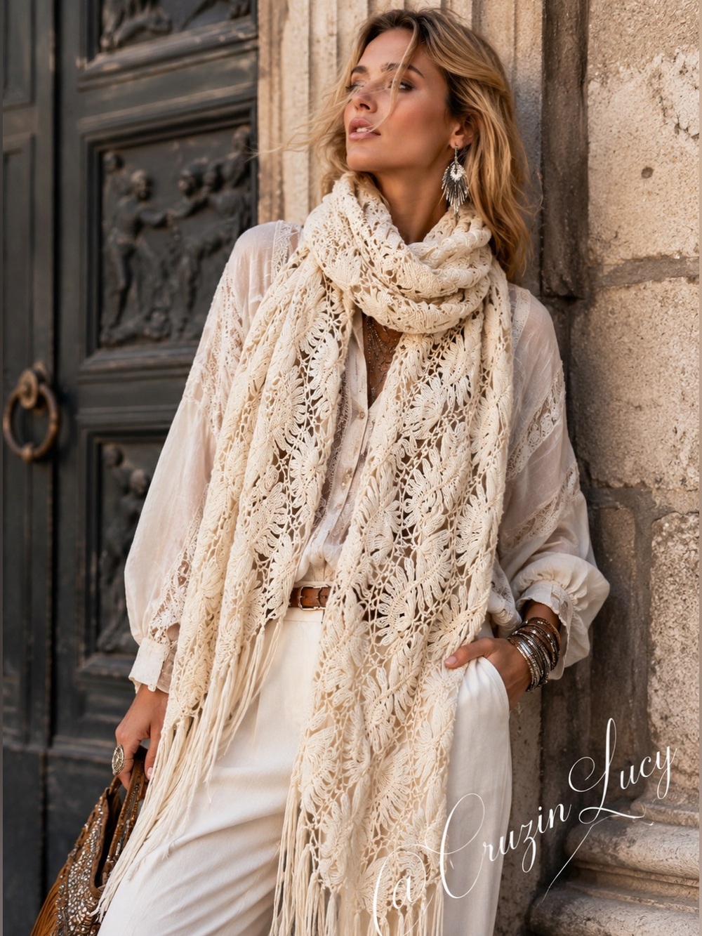 Handmade Vintage Ivory Broomstick Lace Crochet Scarf with Fringe | Artisan Boho